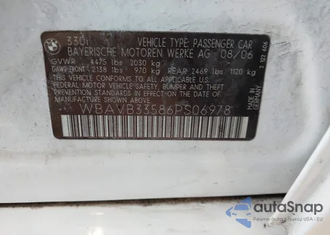 2006 BMW 330I from USA, damaged, VIN WBAVB33586PS06978